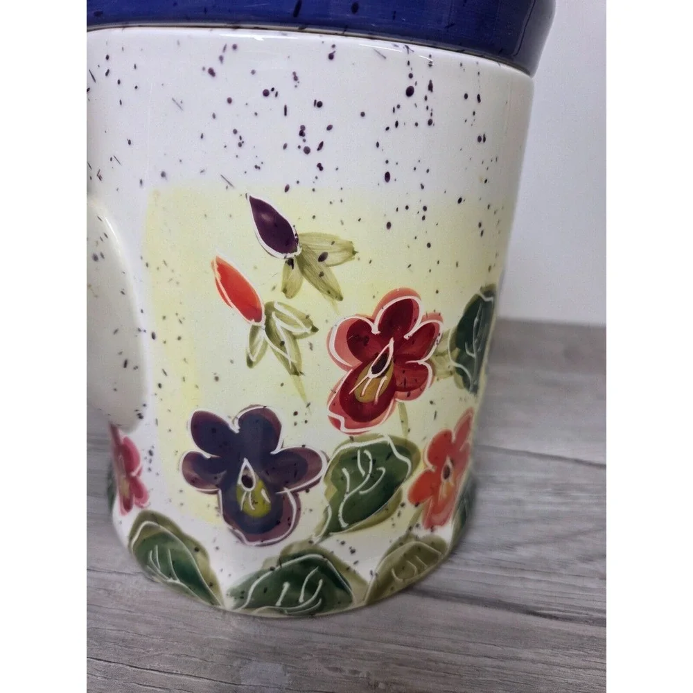 Vintage 1999 Julie Ueland Cookie Jar Watering Can Shape Colorful Pansies Lid